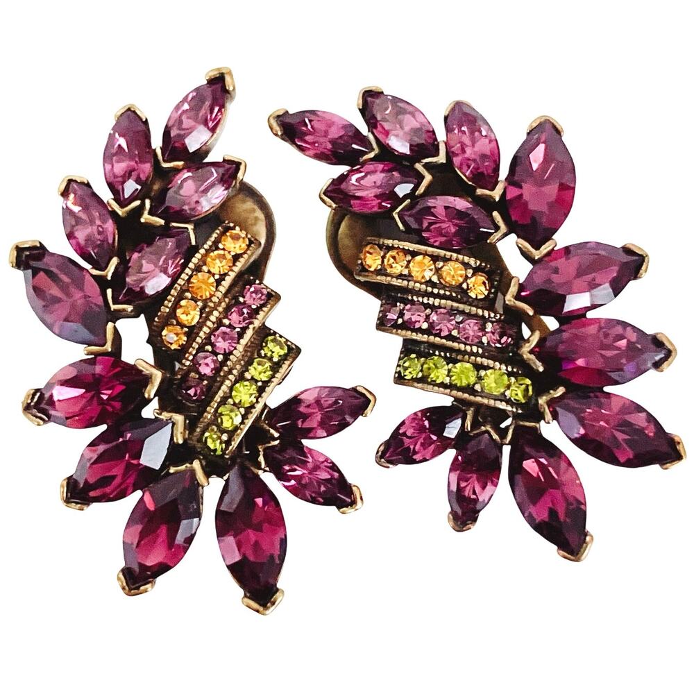Unsigned Heidi Daus Purple Rhinestone Clip-On Earrings Striped Evening Cocktail